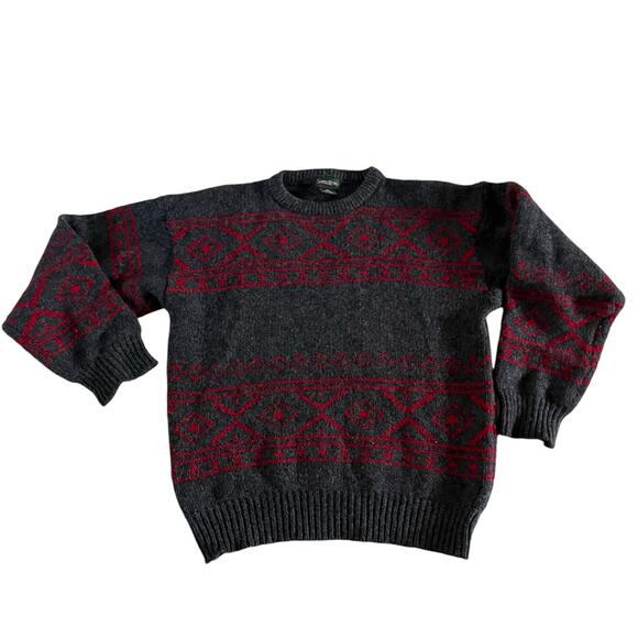 Vtg Y2K Retro 100% Shetland Wool Grey Red Pattern Pullover Grandpa Sweater Men L - Picture 1 of 9